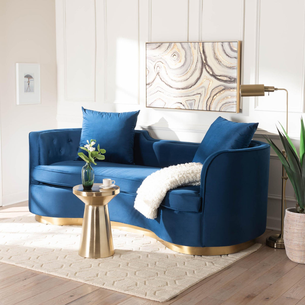 Navy Blue Velvet and Brushed Gold Metal Sofa A151