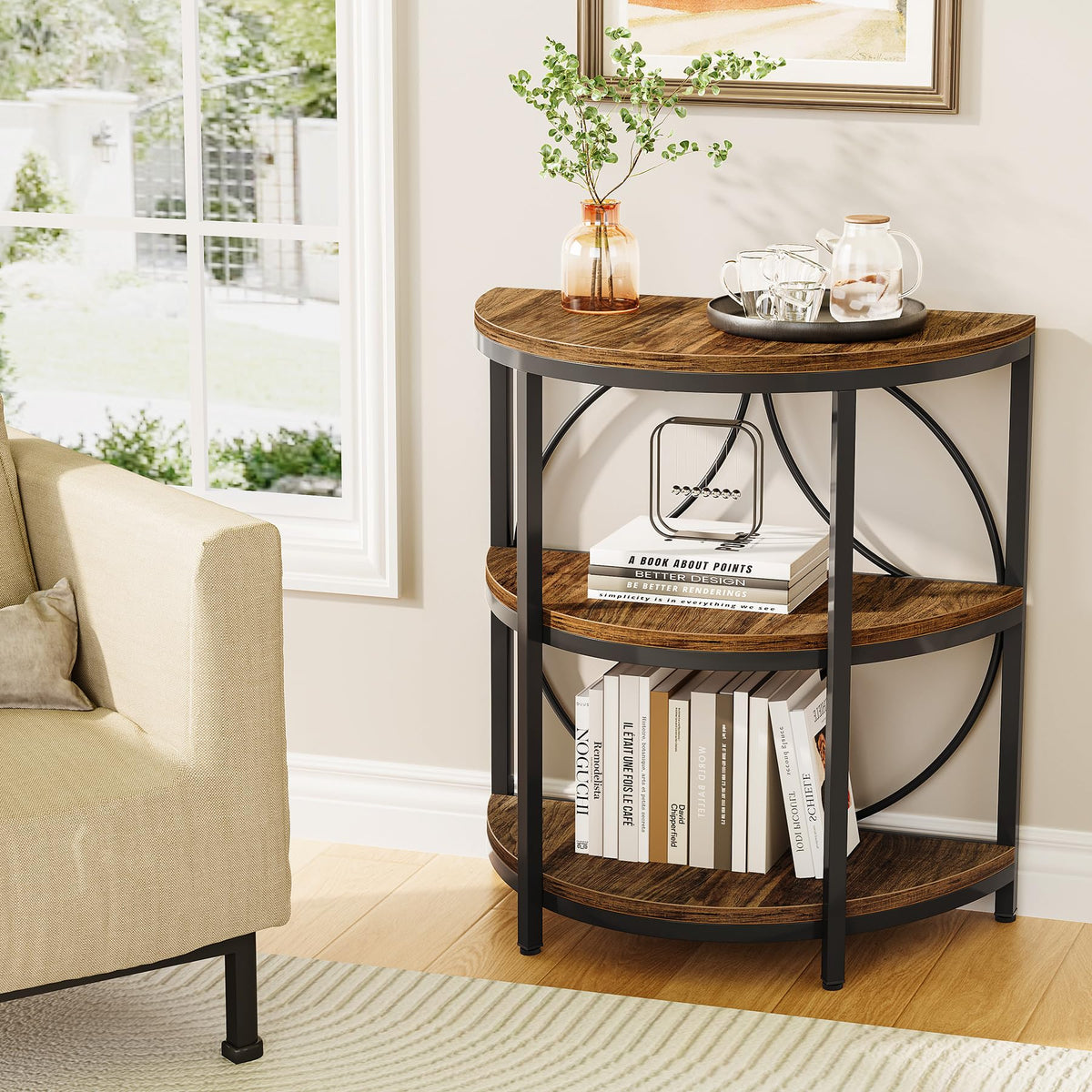Half Round 3-Tier Narrow Side Table with Metal Frame I768370