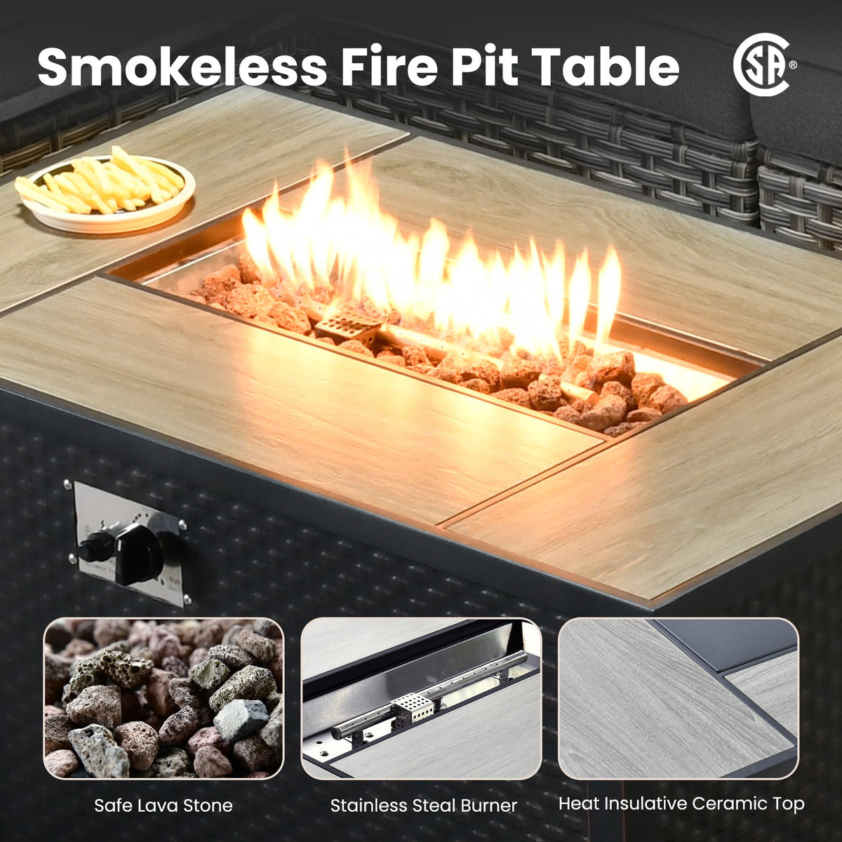 Charcoal Grey 9 Pieces Wicker Outdoor Sectional Sofa Set with Fire Pit Table M922382