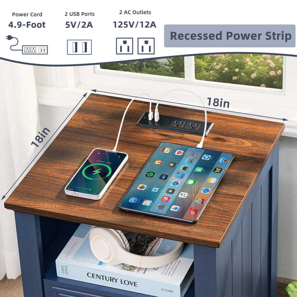 18" Blue Wooden Nightstand Set of 2 with Charging Station L148145