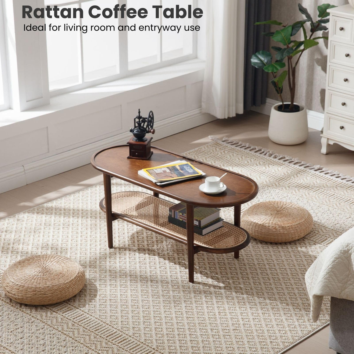 Oval 2-Tier Coffee Table with Rattan Storage Shelf X3491