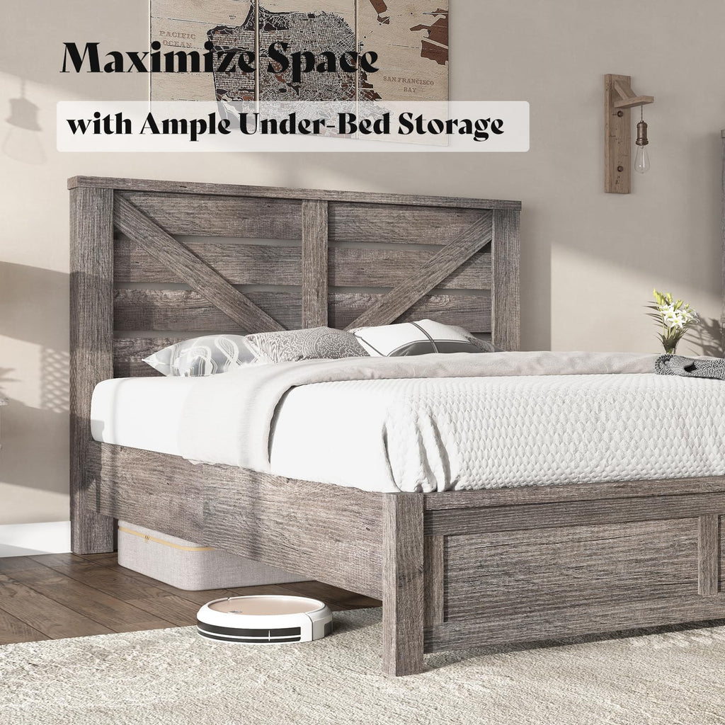 Gray Full Size Bed Frame with Barn Door Headboard B6539