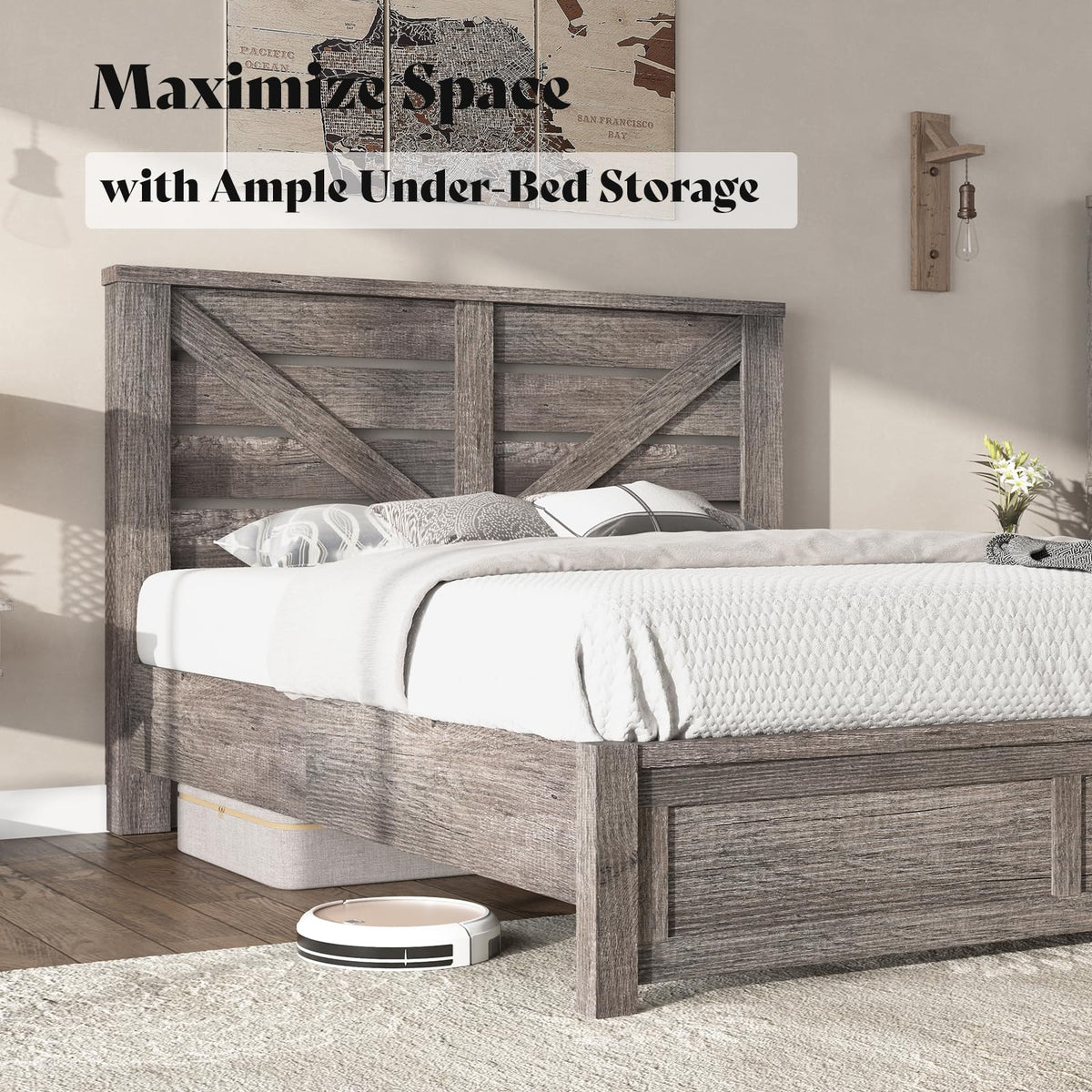 Gray Full Size Bed Frame with Barn Door Headboard B6539