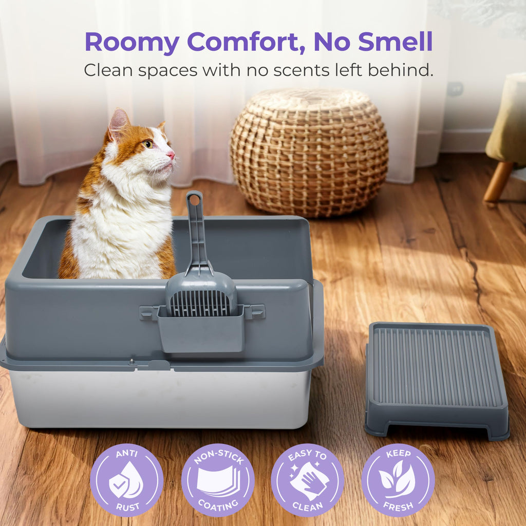 Stainless Steel Cat Litter Box Set with Scooper and Litter Mat R891332