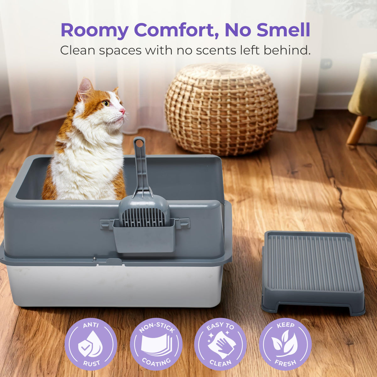 Stainless Steel Cat Litter Box Set with Scooper and Litter Mat R891332
