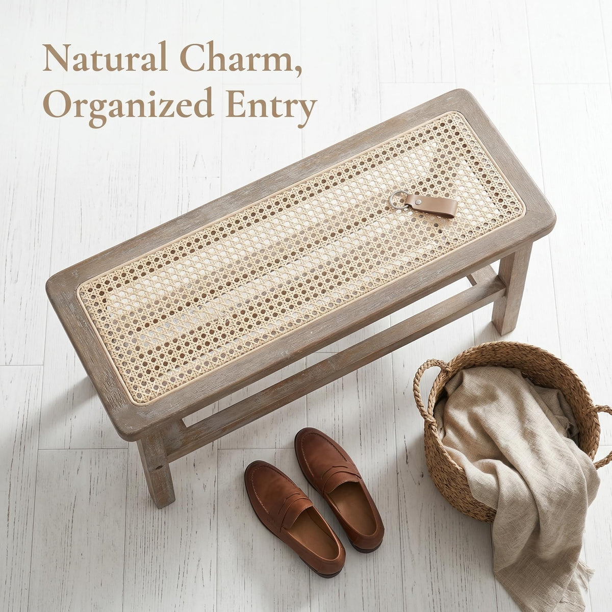 30 Inch Rattan Wooden Entryway Bench with Shoe Rack E19968