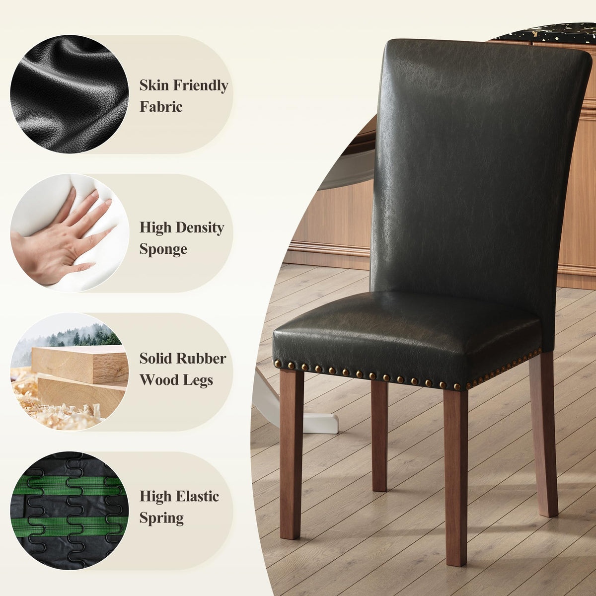 Black Leather Dining Chairs Set of 2 with Wood Legs L8810