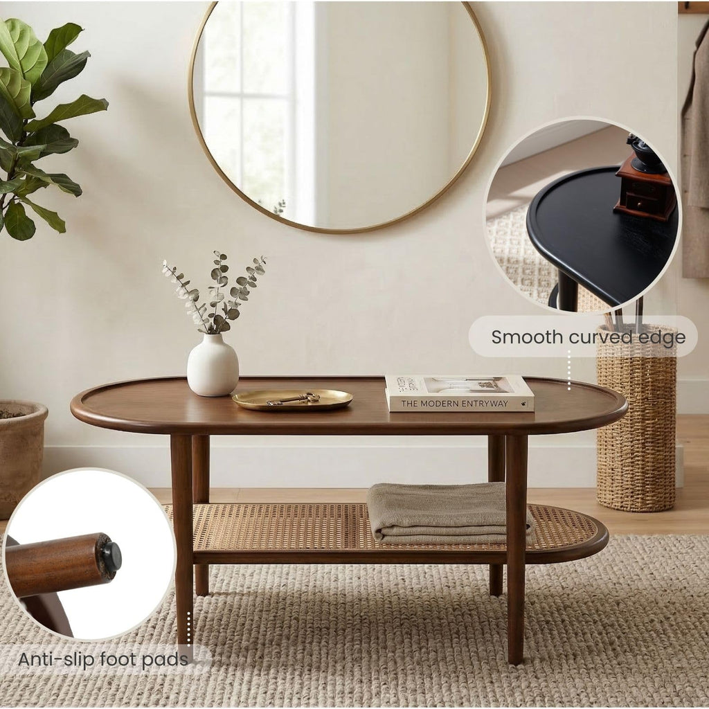 Oval 2-Tier Coffee Table with Rattan Storage Shelf X3491