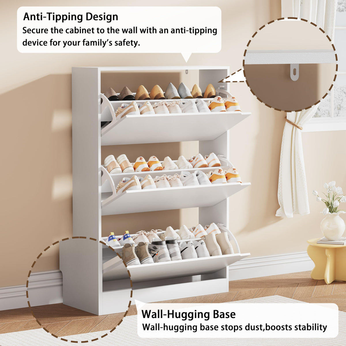 White 3 Flip Drawer Wood Shoe Storage Cabinet Q738436