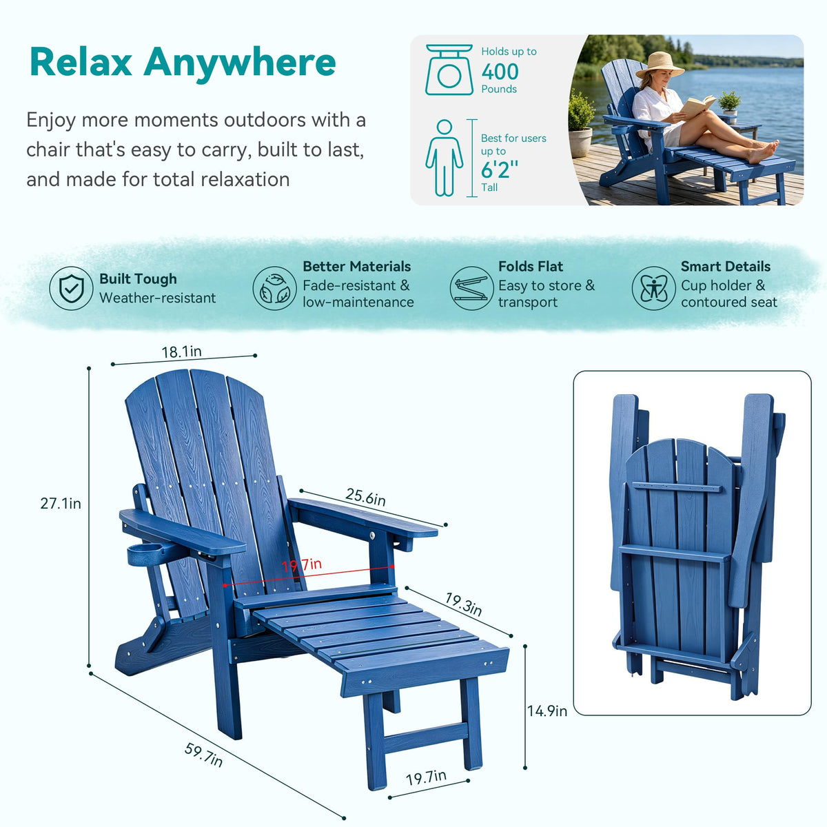 Blue Adjustable Adirondack Chairs with Footrest Set of 2 M631