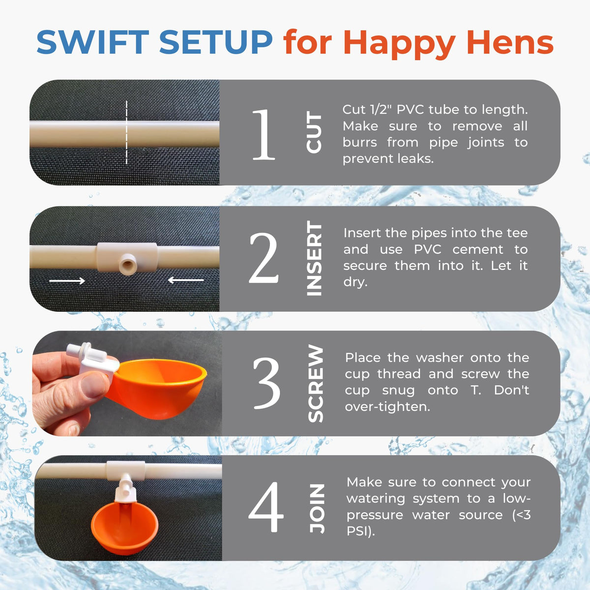 Large Automatic Chicken Waterer Cups with 1/2" PVC Tee Fittings 5-Pack A8488