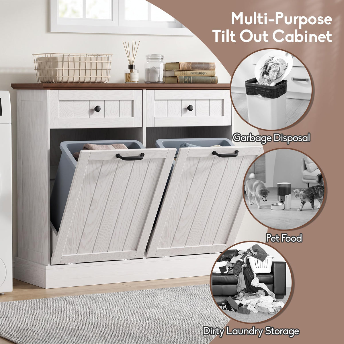 White 2x10 Gallons Tilt Out Trash Can Cabinet F11292