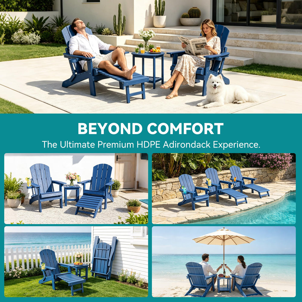 Blue Adjustable Adirondack Chairs with Footrest Set of 2 M631