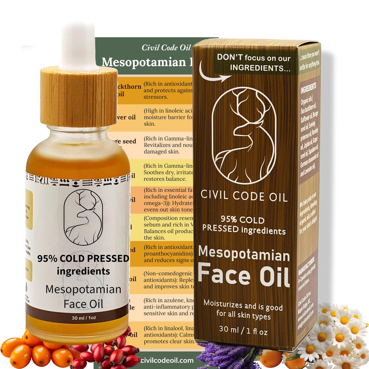 Organic Anti Aging Facial Oil with Sea Buckthorn, Jojoba, Squalane & Lavender 1oz X983